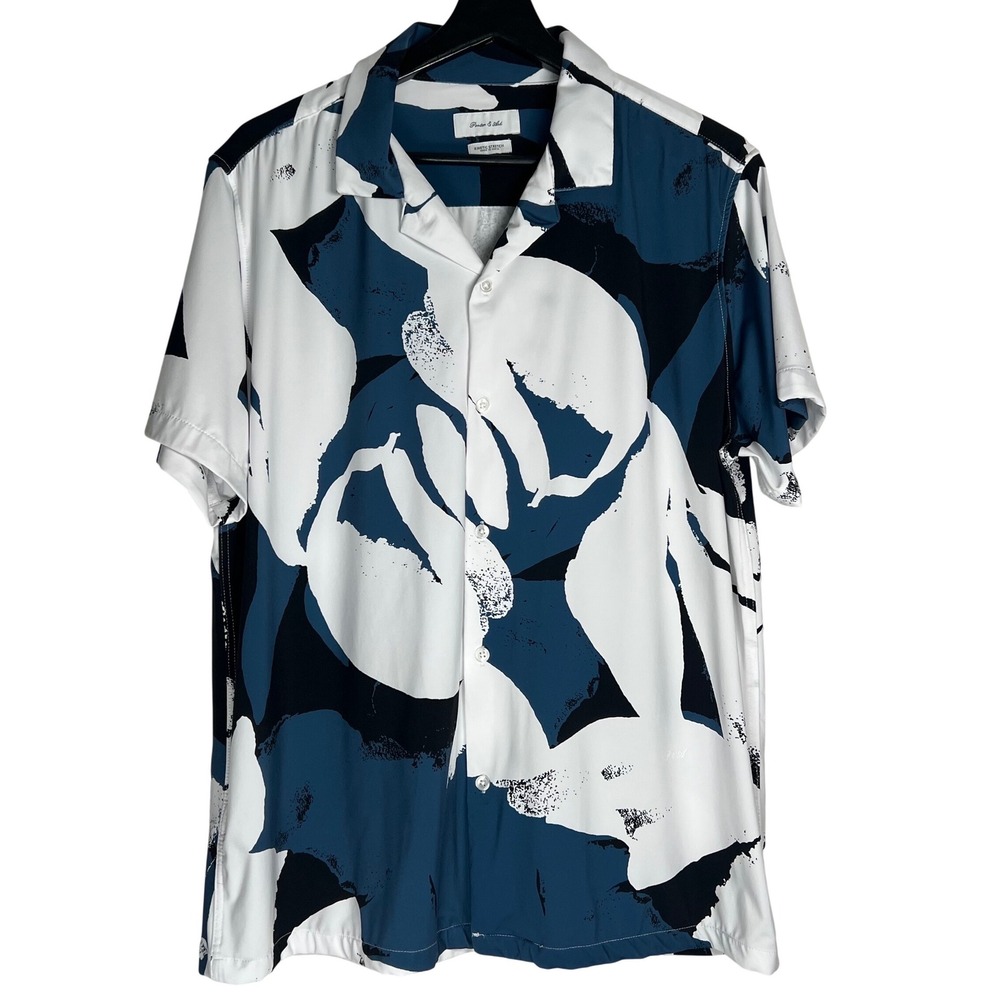 Porter & Ash Mens Kinetic Stretch Short Sleeve Button Down Shirt Blue White L